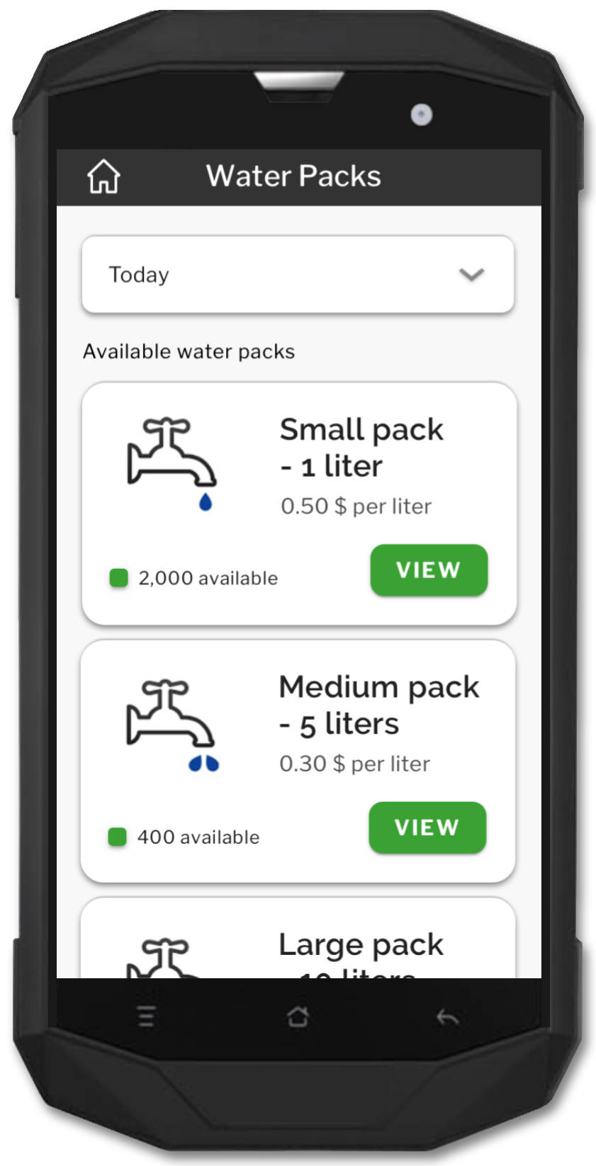 Digital app screen showing Water-as-a-Service packs